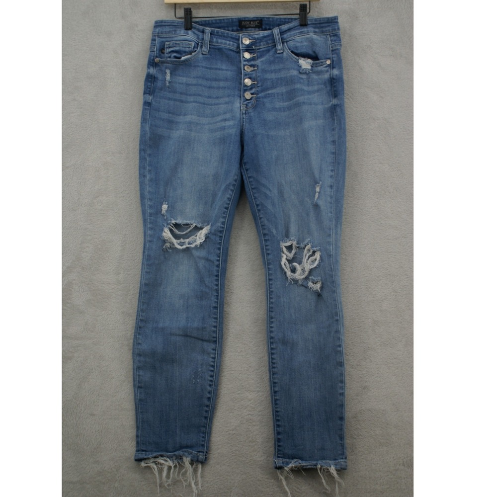 Judy Blue JB82238LT Jeans 11/30 Boyfriend Distressed Button Fly Raw Hem